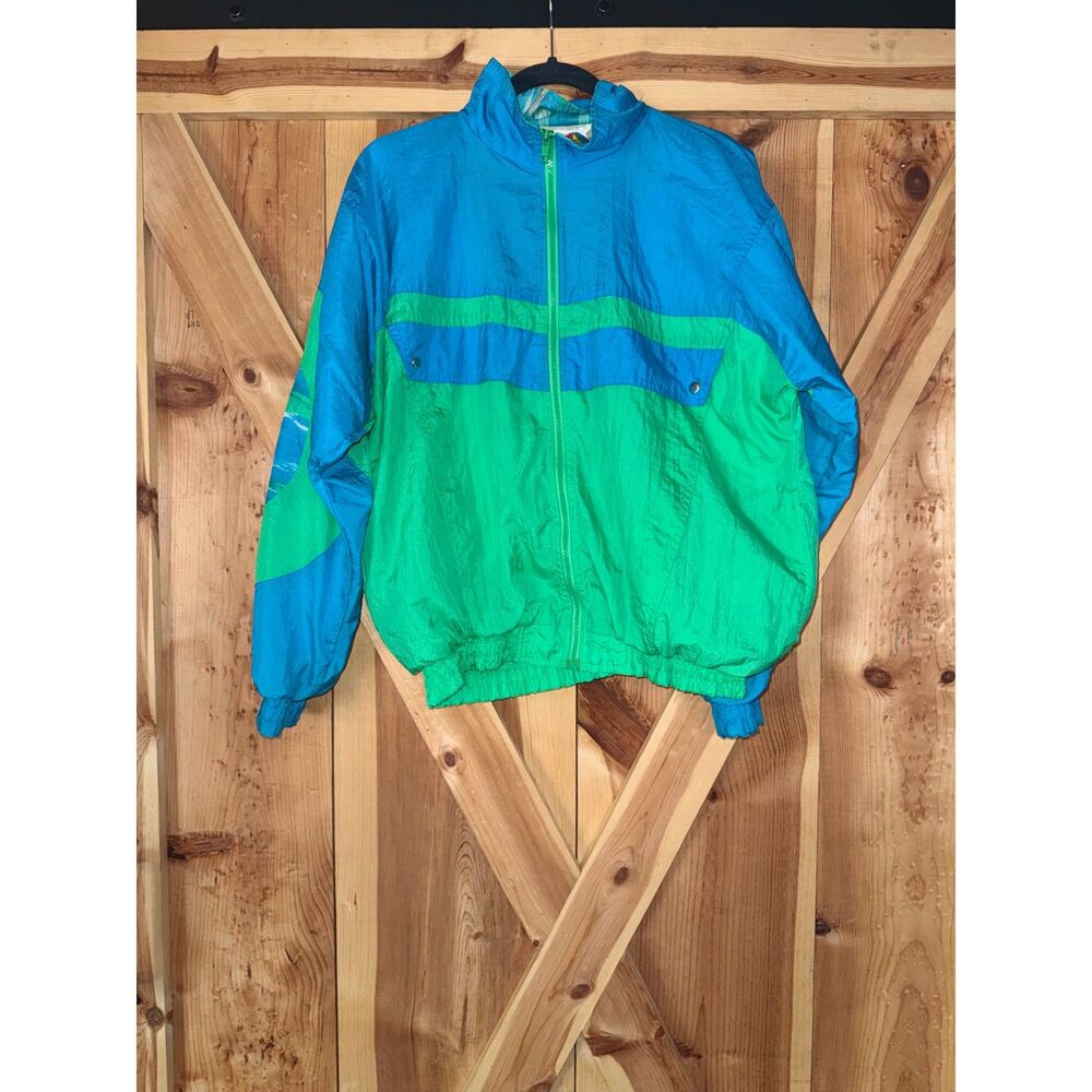 London Fog Vtg 80/90s Colorblock Windbreaker Jacket Blue Green Electric Retro